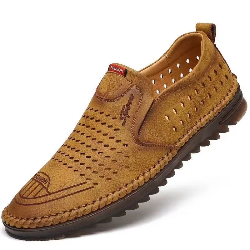 Summer Men's Hollow Hole Mesh Breathable Sandals Work One Pedal No Shoelaces Business Casual Leather Shoes