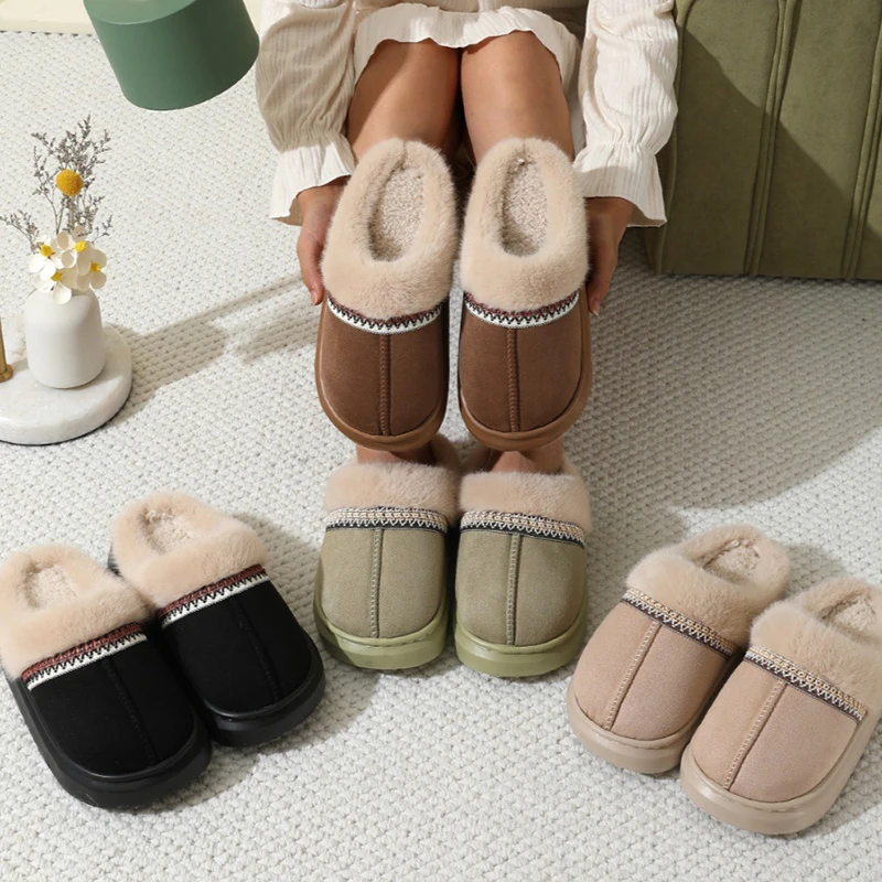 Vintage Thick Bottom Fluffy Slippers Women Winter Outdoor Thicken Plush Cotton Shoes Woman Comfort Non Slip Home Slippers Mujer