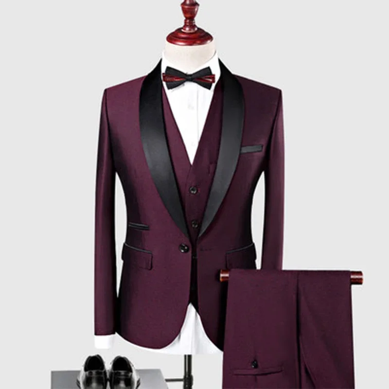 Royal Blue/Burgundy Man Suits Classic Black Lapel Wedding Suits 3 Pieces (Jacket+Pants+Vest)