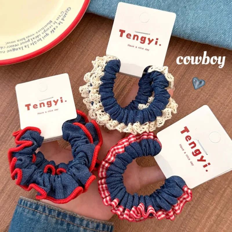 2-teiliges Set Damen-Haargummis, Koreanische Spitze, Süße Hochelastische Denim-Haarbänder, Hochwertige Haaraccessoires – Detail 8