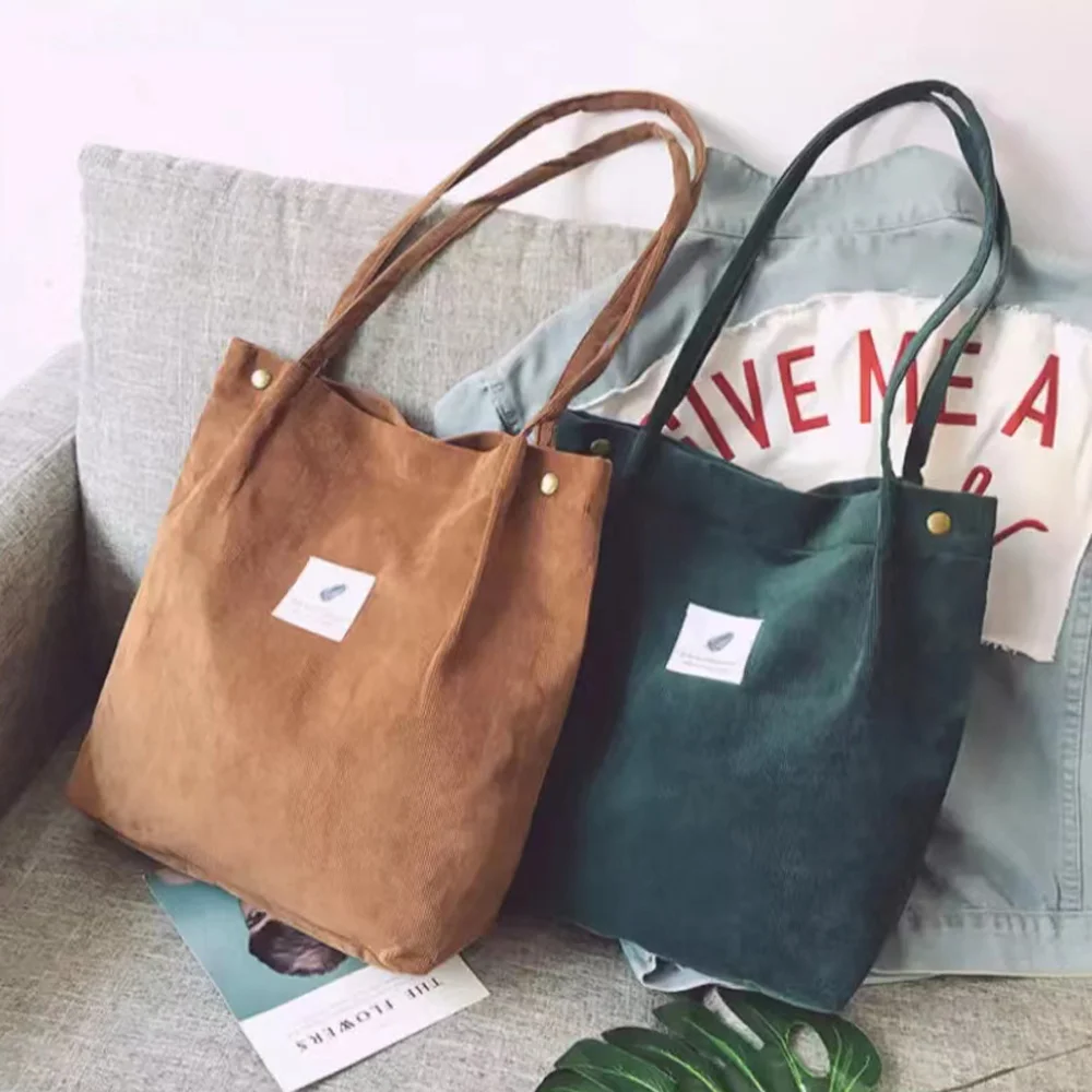 Women Corduroy Shoulder Bags Reusable Cotton Cloth Handbags School Shopping Large Grocery Eco Organizer Shopper Tote Bag 2022
