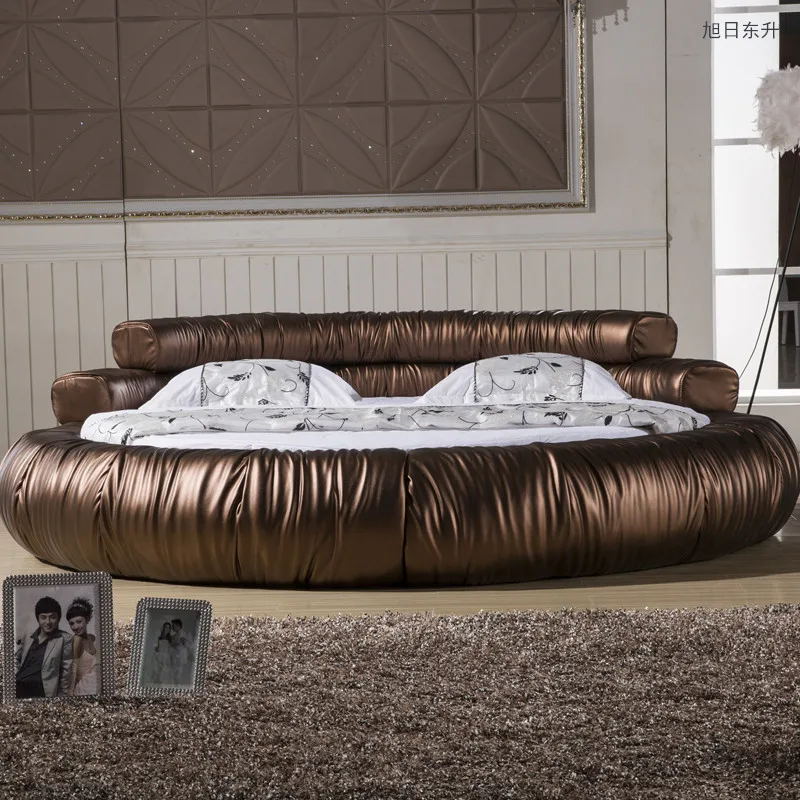 

Большая круглая двуспальная кровать, роскошная кожаная Свадебная кровать принцессы, современная простая тема, мягкая кровать для пар в отеле