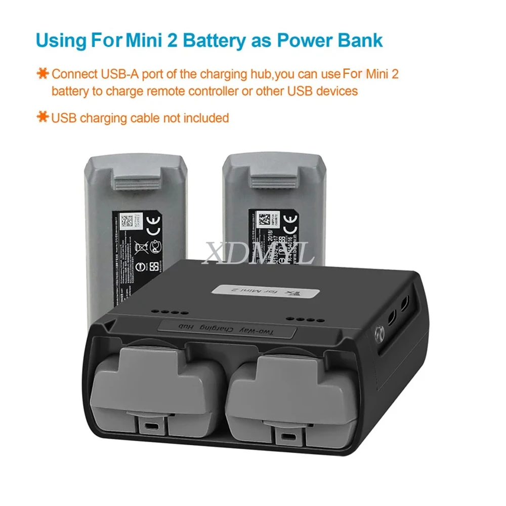 Vue de face du chargeur de batterie pour DJI Mini 2, Mini SE, Mini 2 SE, Mini 4K, montrant les deux ports USB-C et le design compact.