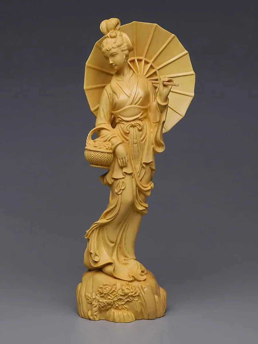 Wooden carving umbrella, beautiful woman, solid wood ornament,birthday celebration home, living room, study decoration, gift