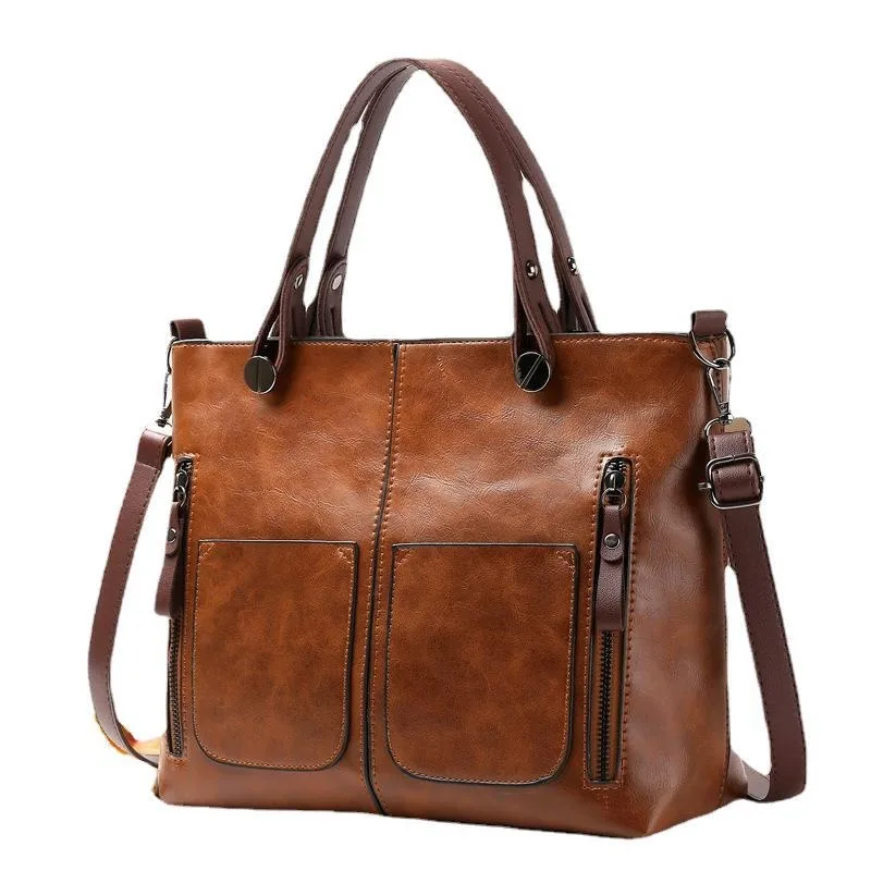 Vintage PU Leather Brown Handbags Women Large Capacity Retro Double Pocket Black Tote Bag Ladies Crossbody Shouder Bag