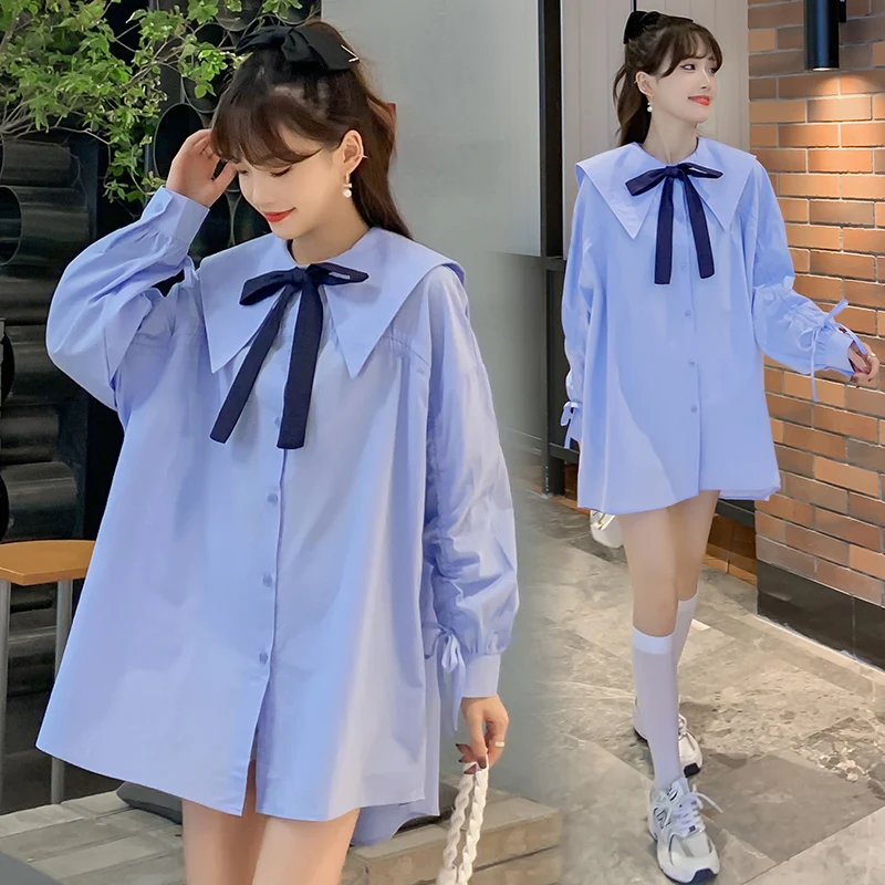 

Korean Style 2024 Spring Pregnancy Clothes Turn-down Collar Preppy Style Maternity Shirts Long Sleeve Pregnant Woman Blouse Blue