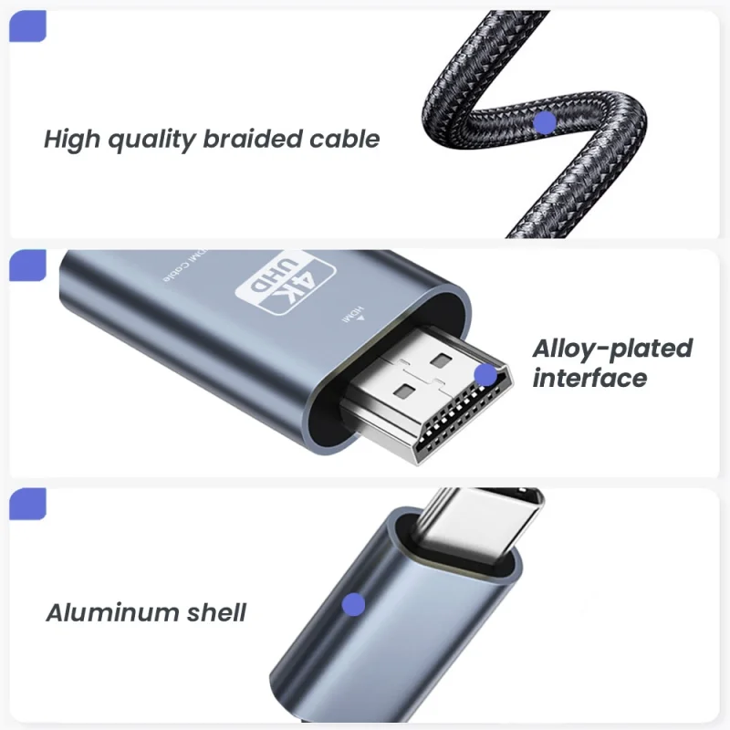 Фото Переходник с Type-C на HDMI, 4K @ 60 Гц, плетеный кабель Type-C на HDMI, Ультра высокоскоростной адаптер, кабель для MacBook Pixelbook iPad Dell №4