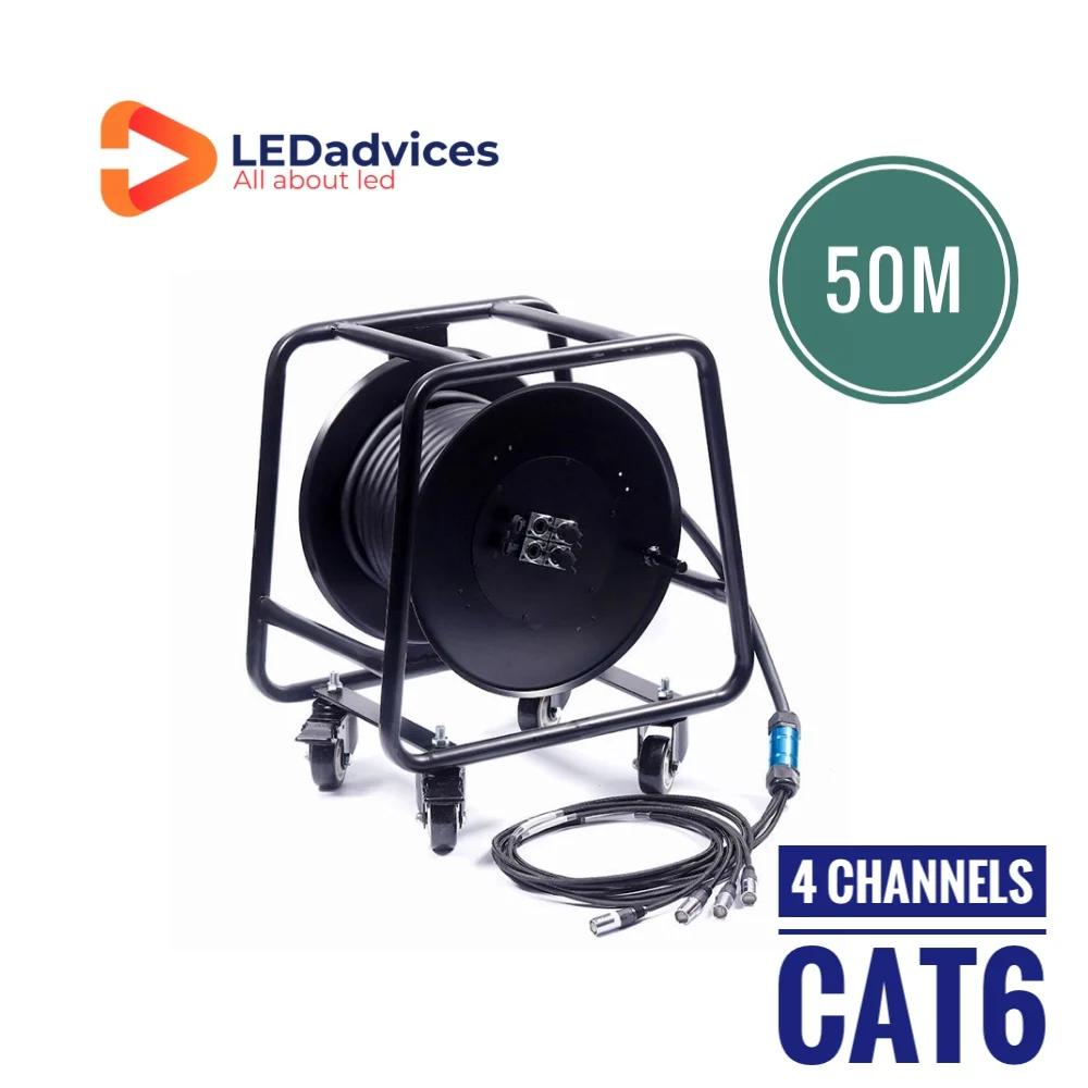 

4 Multi-Channel 50m CAT6 Snake Cable With Reel Car For AV Events SF/UTP Double Shield Multi-Stranded Pure Copper RJ45 Gigabit