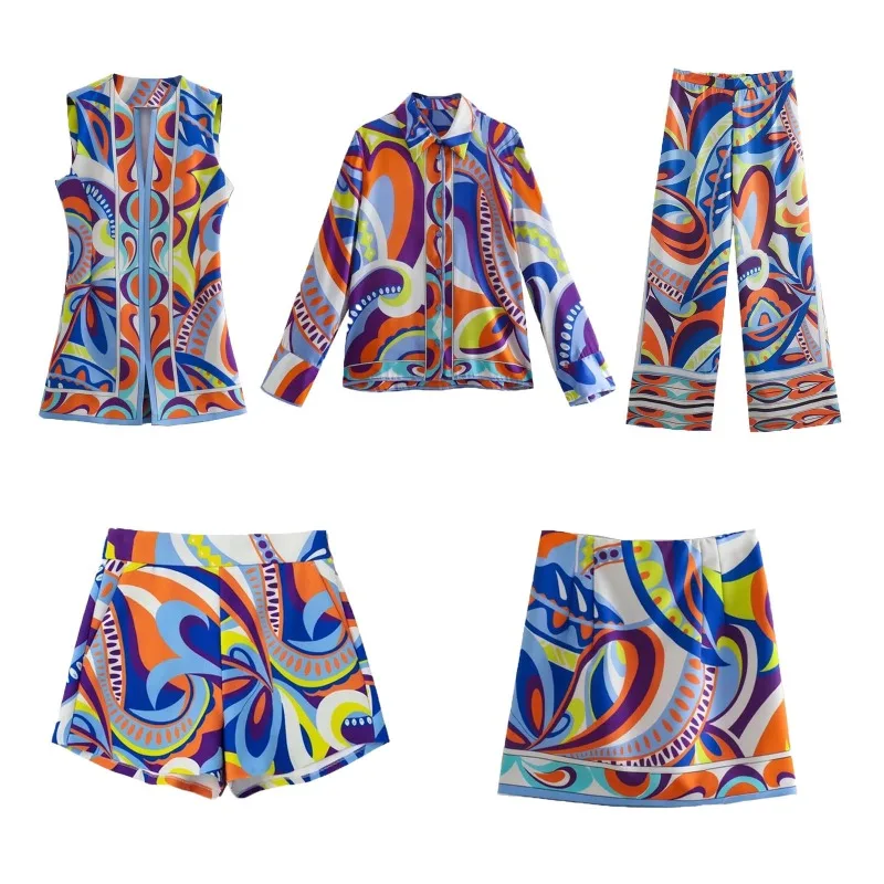 

Women Palsley Printed Satin Long Sleeve Single Breated Turn-down Collar Oversized Shirt 2023 Summer Chic Blouse Top Mujer