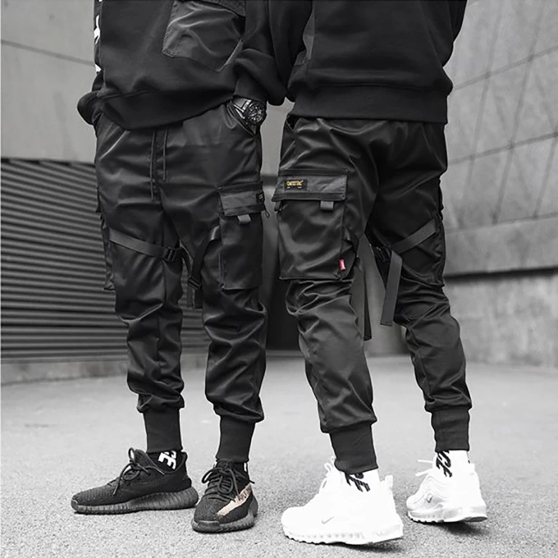 

Joggers Harajuku Sweatpant Hip Hop Trousers Men Ribbons Color Block Black Pocket Cargo Pants Harem