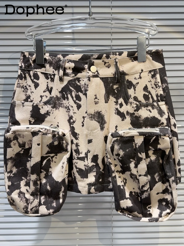 

American Hot Girl Camouflage Distressed Color Cargo Pocket Denim Skirt 2024 Summer New High Waist Mini A- Line Skirt Women