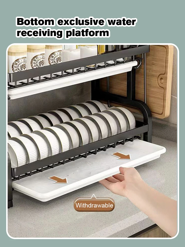Dish Drying Rack 2-Tier Compact Kitchen Dish Rack Drainboard Set Large Rust-Proof Drainer with Utensil Holder