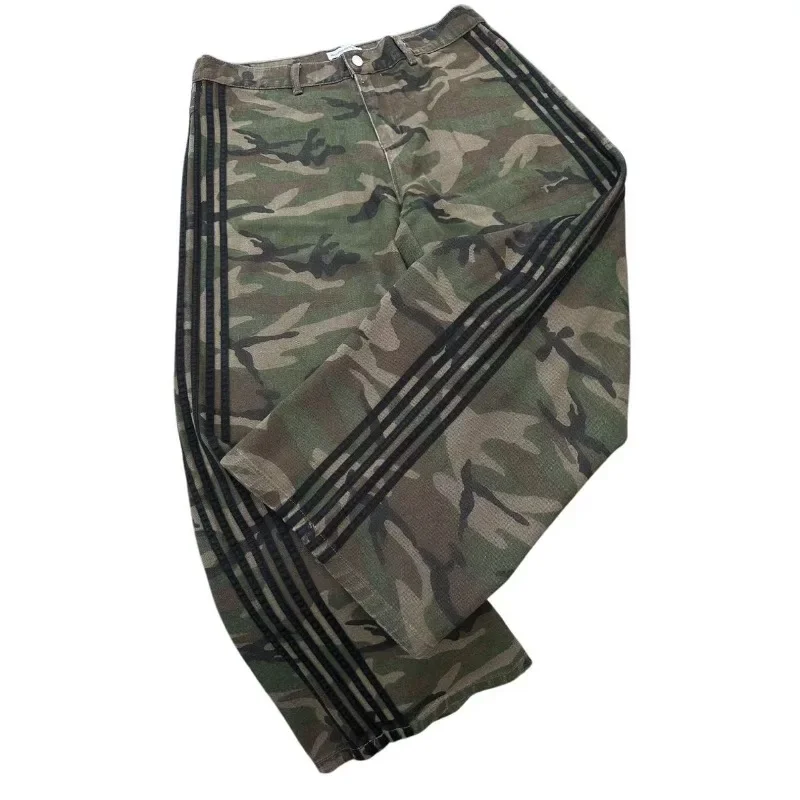 Y2k street new striped camouflage design men jeans Goth trend hip hop wide leg pants couple fashion casual loose straight pants 2