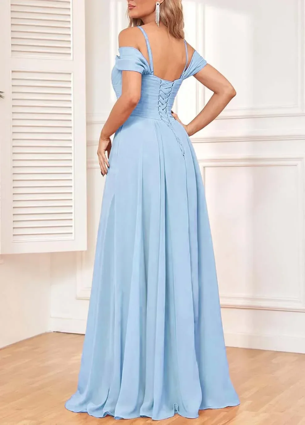 Off The Shoulder Bridesmaid Dresses with Pockets Chiffon Pleated Formal Dress for Women Long Prom Evening Gowns