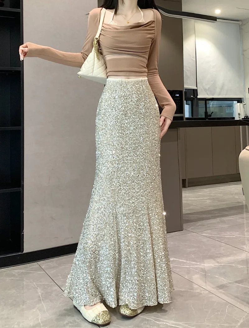 

Fashionable Sequin Skirt for Women's Summer New Slim Fit Elastic High Waisted Slimming A-line Long Wrap Buttocks Fishtail Skirts