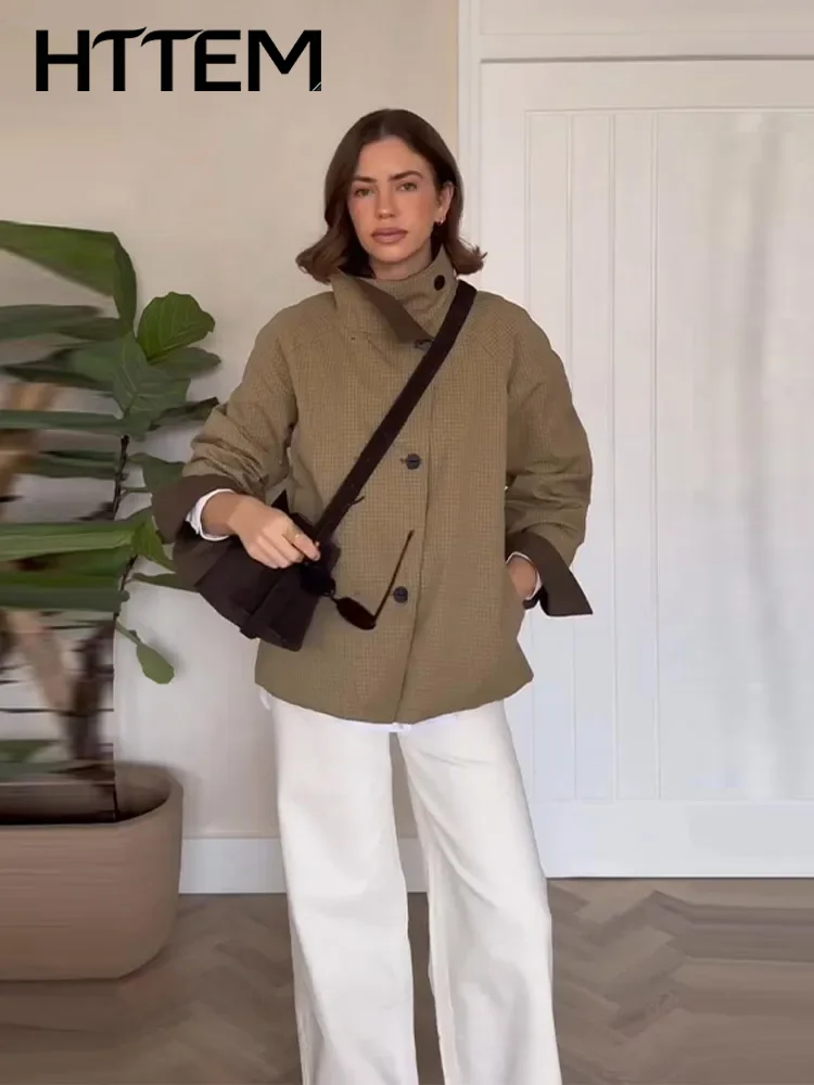 Veste réversible à col montant pour femme, simple boutonnage, manches longues, à carreaux, collection automne 2026, style décontracté, haute couture