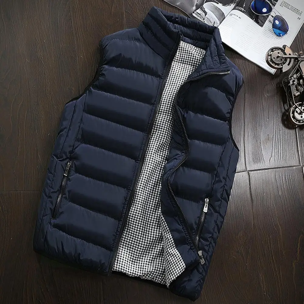 

Men Winter Waistcoat Thick Padded Warm Sleeveless Solid Color Zipper Pockets Zip Up Stand Collar Neck Protection Men Vest Coat
