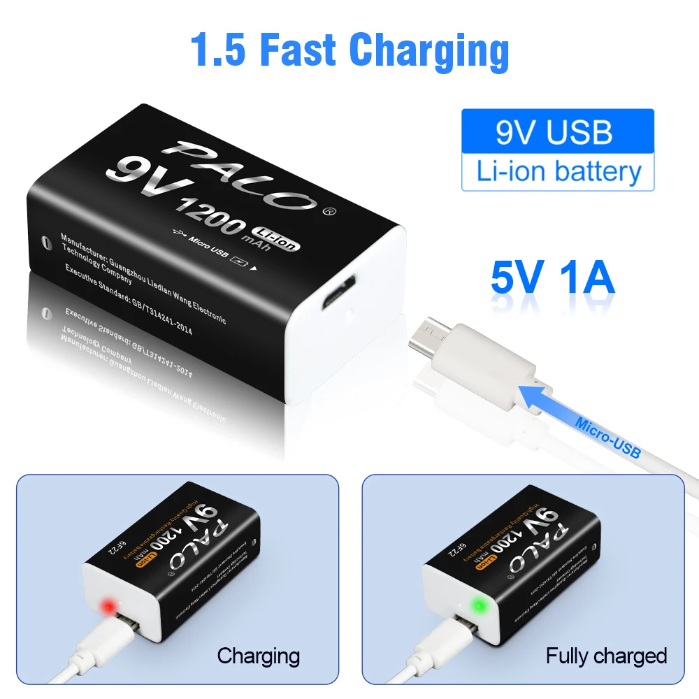 PALO 9V Rechargeable Battery 1200mAh 6F22 Micro USB 9v Li-ion Lithium Batteries for Multimeter Microphone Toy Remote Control KTV — view 2