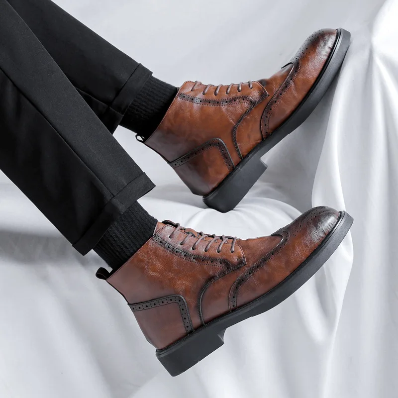 

men's casual natural leather boots black brown carved brogue shoes party banquet dress cowboy platform boot ankle botas zapatos