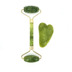 Natural Jade Roller Massager for Face and Body - Anti - Wrinkle Facial Lifting Tool with Double - End Gua Sha Stone (Set 2)