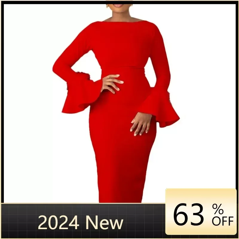 

Trendy Solid Color Flare Sleeves Bodycon Prom Vestidos for Women Elegant Boat Neck Empire Waist Midi Dress Work Office Dresses