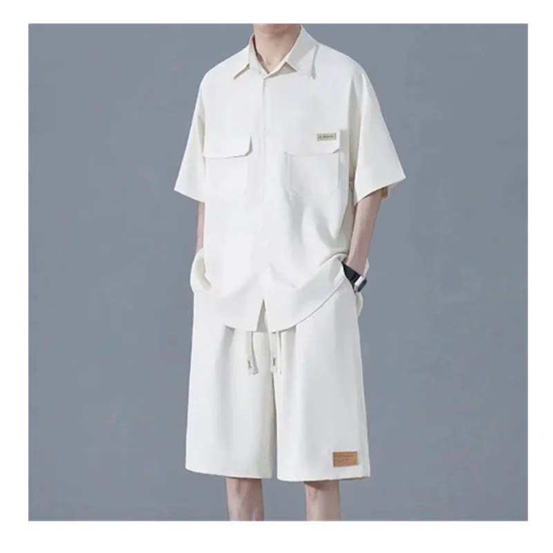Men's Casual Set Summer Thin Ice Silk Short Sleeved Shirt Fashion Trend Korean Version Handsome Short Sleeved Shorts H0009