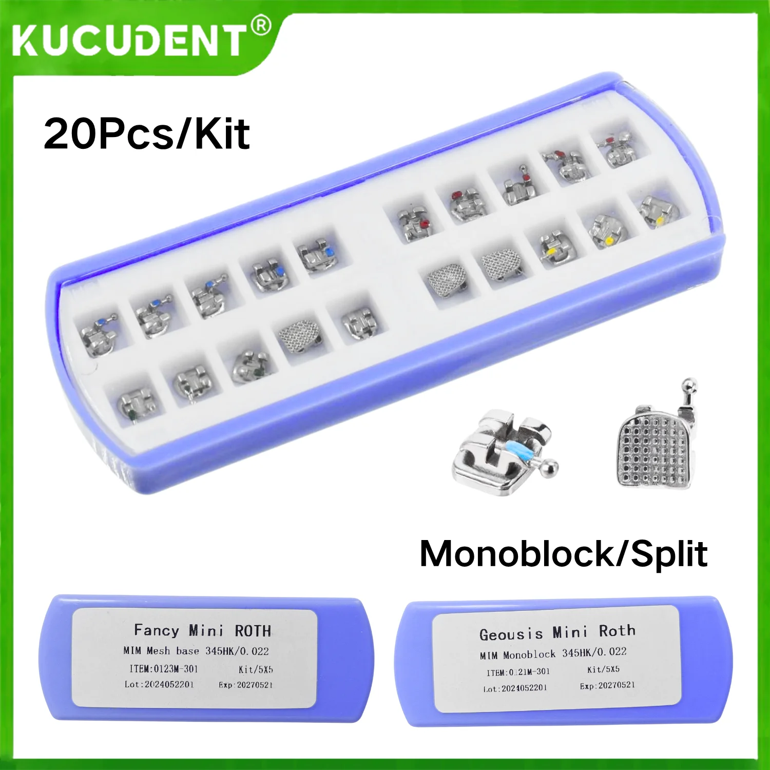 20 ชิ้น/กล่องทันตกรรมวงเล็บจัดฟัน Monoblock แยกโลหะฐานตาข่าย Roth/MBT 0.022 ตะขอ 3-4-5 ทันตกรรม Ortho เครื่องมือ 1
