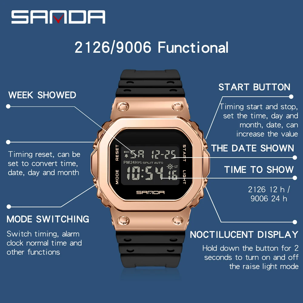 SANDA Mens Digital Watch Luxury Brand Couple Women's Clock Waterproof Stainless Steel Case Multifunctional Wrist Watch Relogio