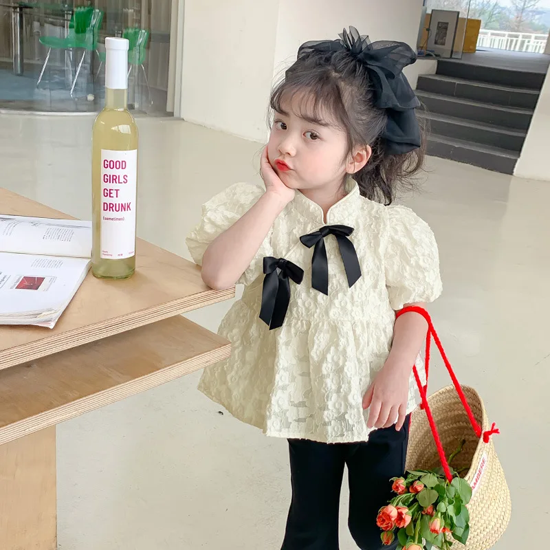여아용 중국 스타일 셔츠, 아동복, 아동복, 캐주얼 심플 블라우스,  인형 칼라, 2024 여름 신상