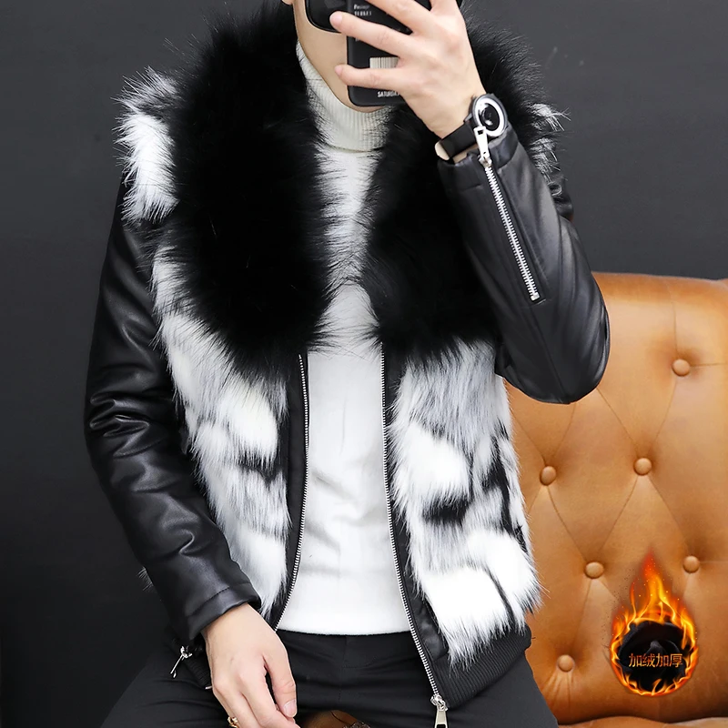 

Men's Cool Fur Collar Leather Coat Youth Fleece Thickened Faux Fur PU Leather