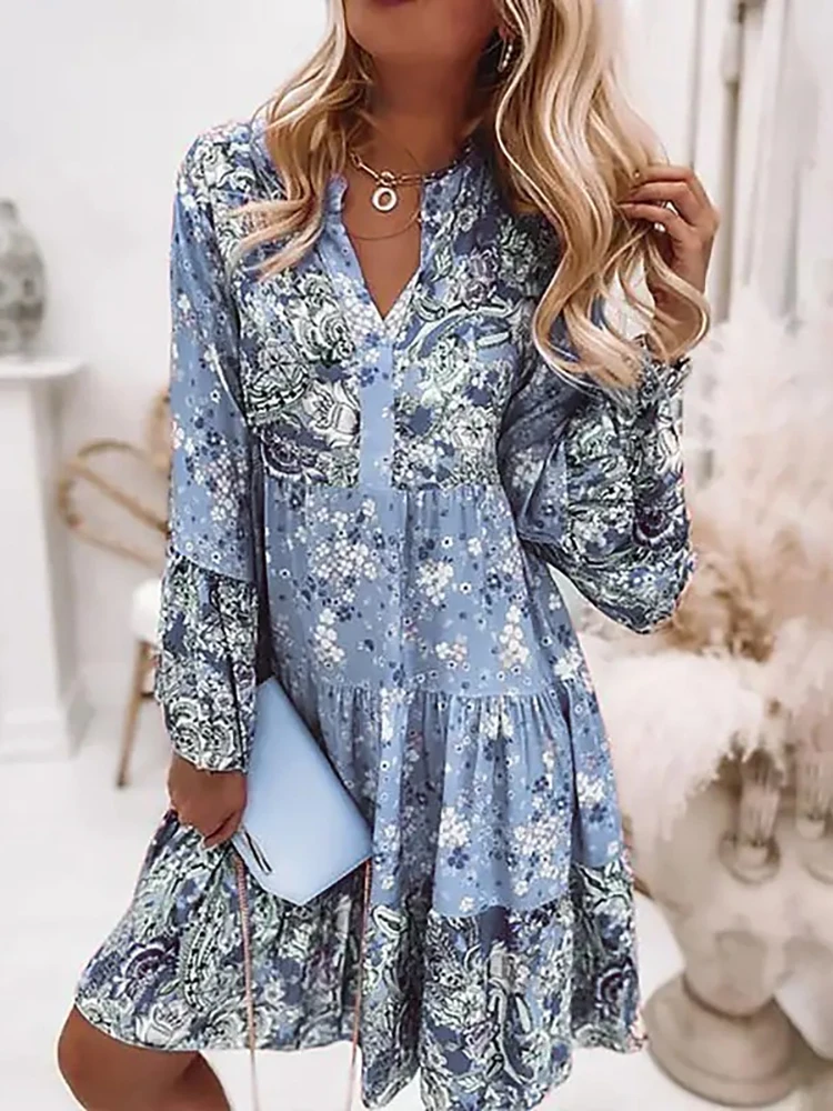 

Women Print Loose Waist Flare Sleeve Dress V Neck Elegant Ruffles Party Floral Dress Female Spring Autumn Holiday Casual Dress