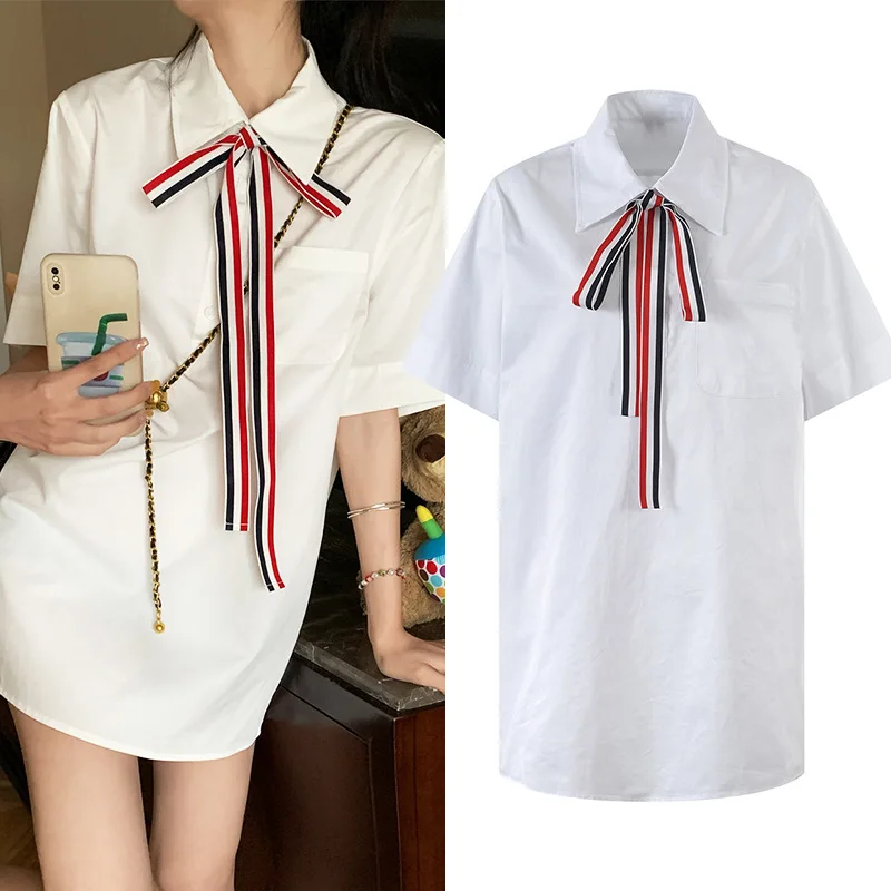 

High Quality TB White Shirt Skirt 2023 Summer New Korean Edition Simple Loose Short Sleeve Ribbon Bow Casual Dress