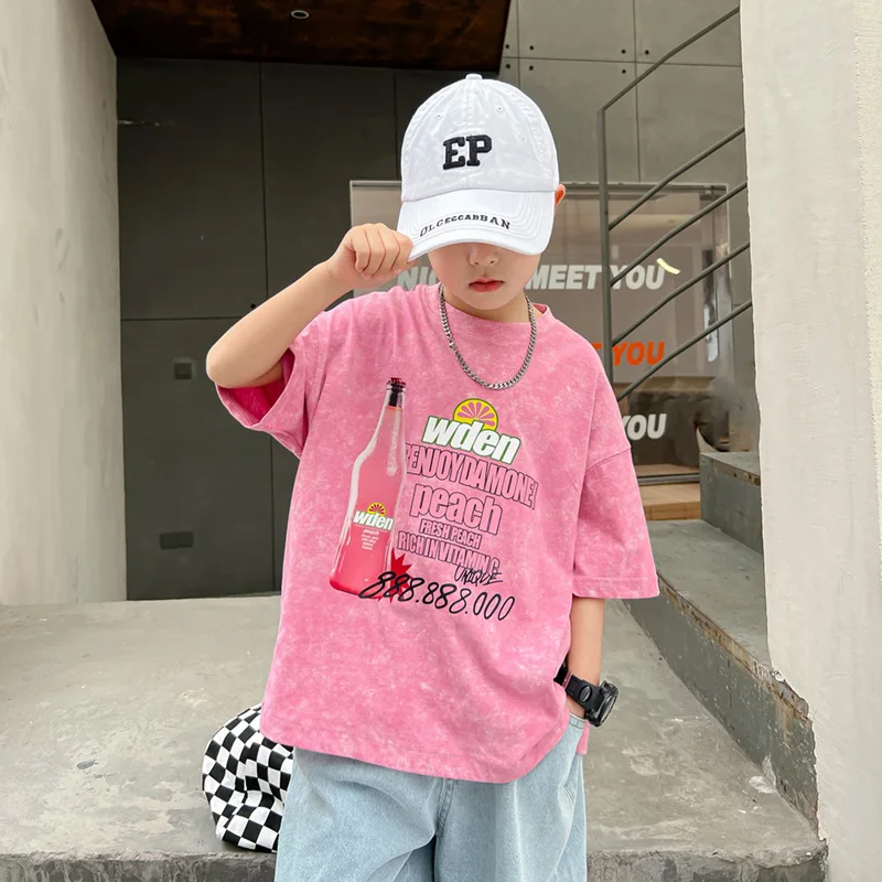 

Fashion Brand Pink Soda Short SleeveTT-shirt Children's Summer Clothing2024New Loose Boys' Half Sleeve Middle and Big Children H