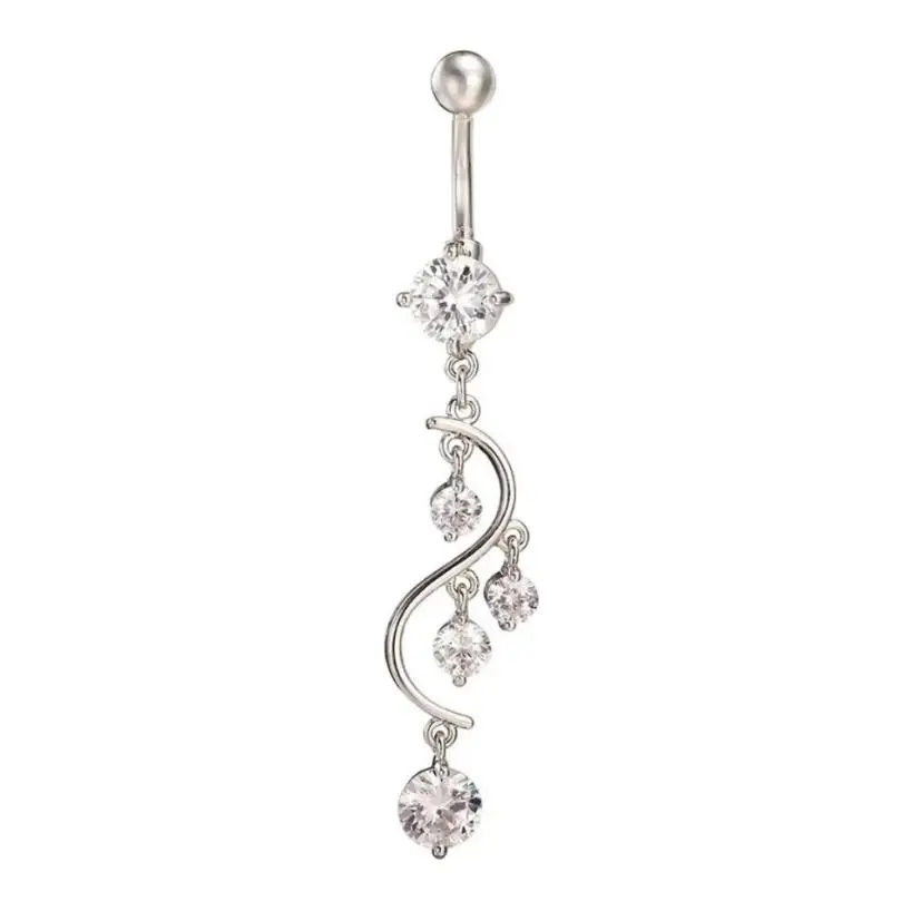 Long S-shaped Adhesive Diamond Pendant With Navel Ring Human Piercing Accessory With Diamond Inlaid Flower Branches, Navel Ring