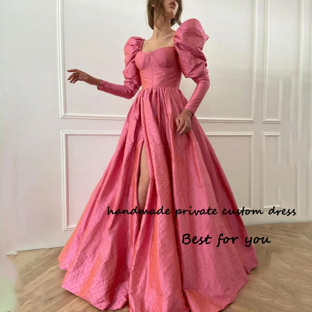 

Coral Taffeta A Line Fairy Prom Party Dresses Side Split Full Sleeve Square Neck Princess Evening Dress Long Celebrate Gowns