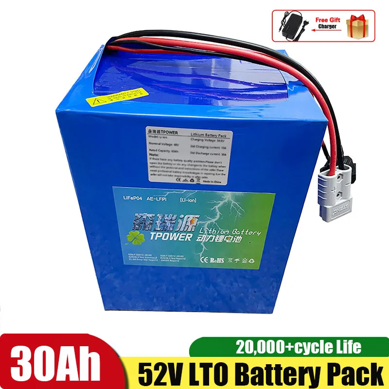 

52V 30AH Lithium Titanate Battery Pack BMS 22S 2.4V LTO Battery for Inverter Solar System Bike Scooter E Cart +5A Charger