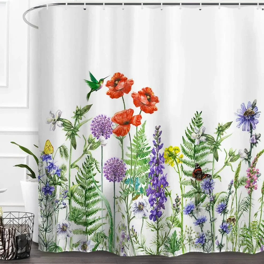 

Wildflower Floral Shower Curtain Flower Nature Plant Leaf Botanical Watercolor Art Bathroom Decor Waterproof Screen With Hooks