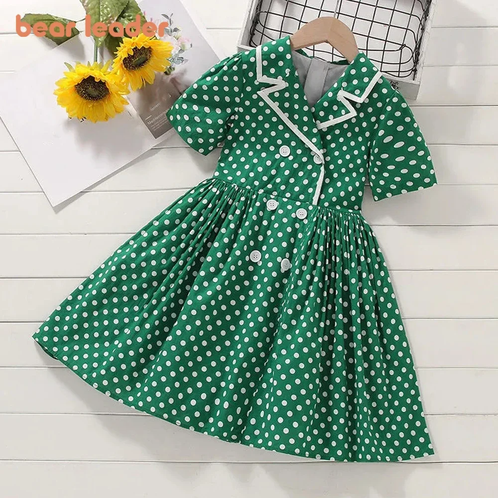 Bear Leader 2024 New Girls Summer Dress Short Sleeve Cotton Dot Green Retro  Dress British Style Double Breasted Girls Dress - AliExpress 1501