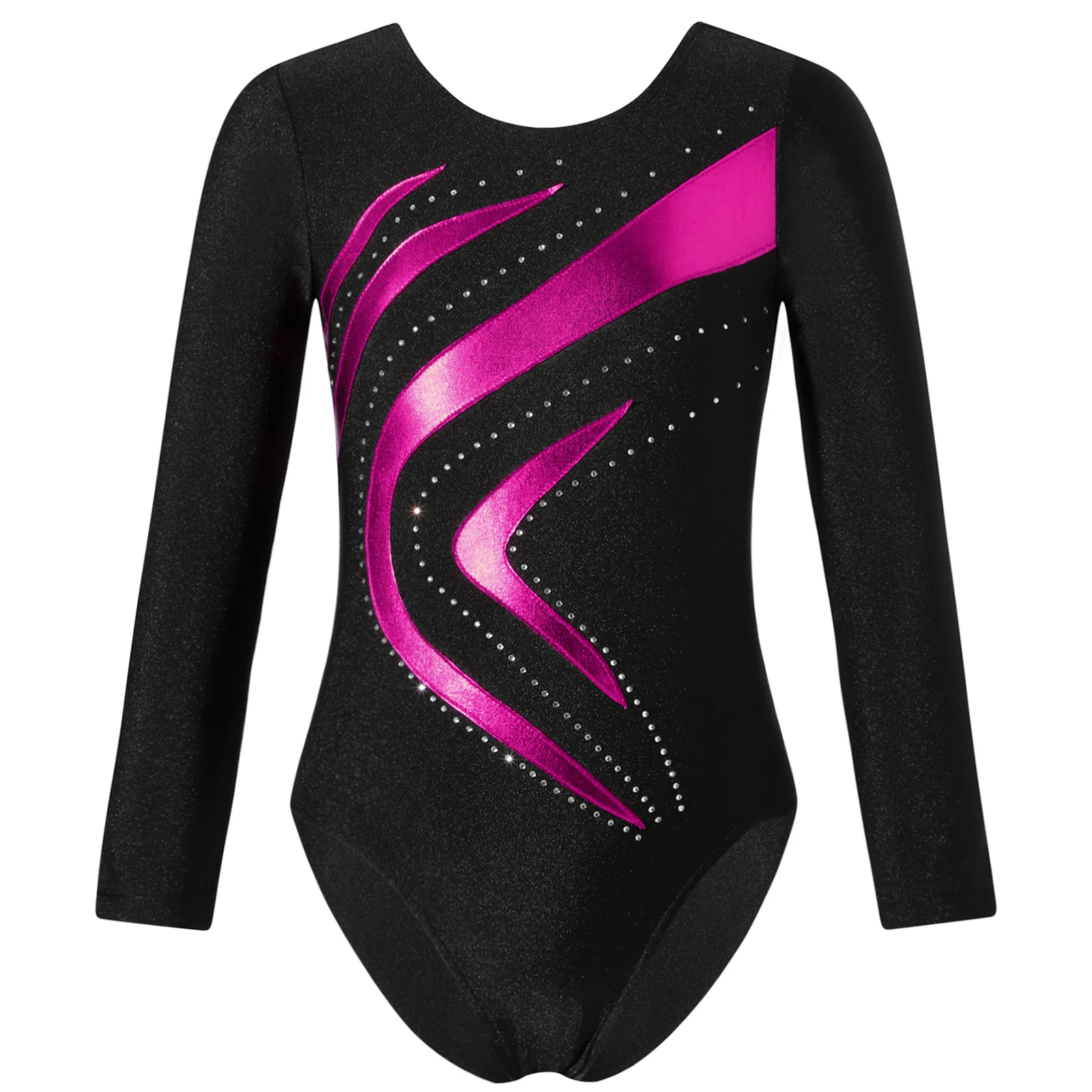 Ballet Dancer Leotard Kids Dance Bodysuit Girls Gymnatics Dancewear Long Sleeve Round Neckline Shiny Rhinestone Dance Jumpsuit