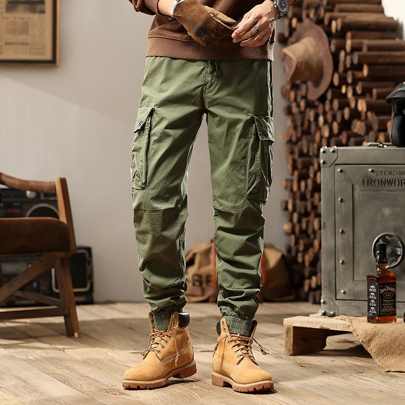 American drawstring elastic waist retro youth trendy brand men's zipper large pocket work clothes casual pants multiple bags was