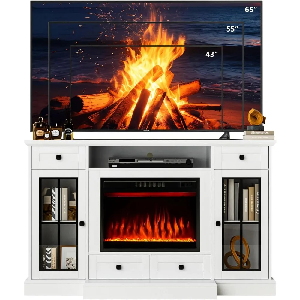 58” Fireplace TV Stand, TV Table for TVs up to 65 Inch, Entertainment Center with 23" Electric Fireplace, Glass Doors 6