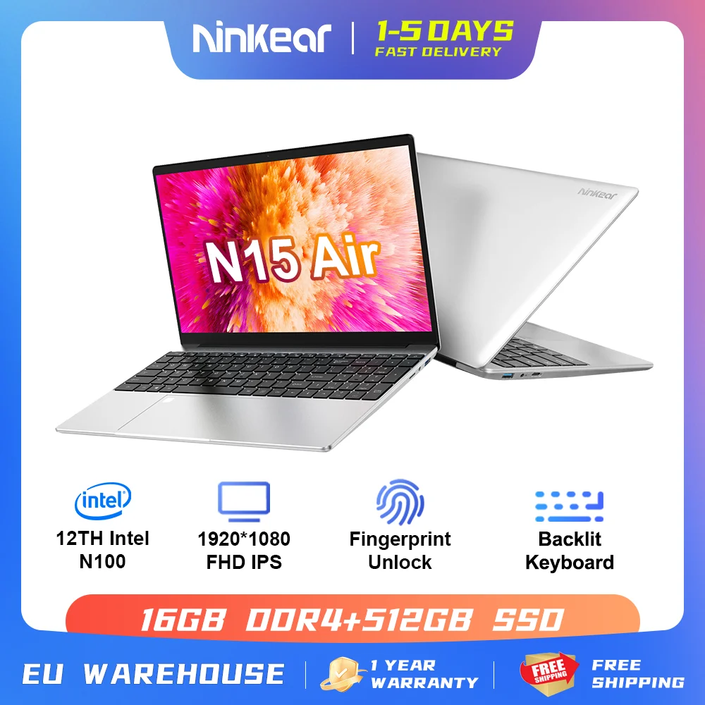 Ninkear Laptop N15 Air 15.6 "Fhd Ips 16Gb Ddr4 512Gb Ssd Intel N95 180 ° Flip Con Sblocco Delle Impronte Digitali Tastiera Retroilluminata Windows 11