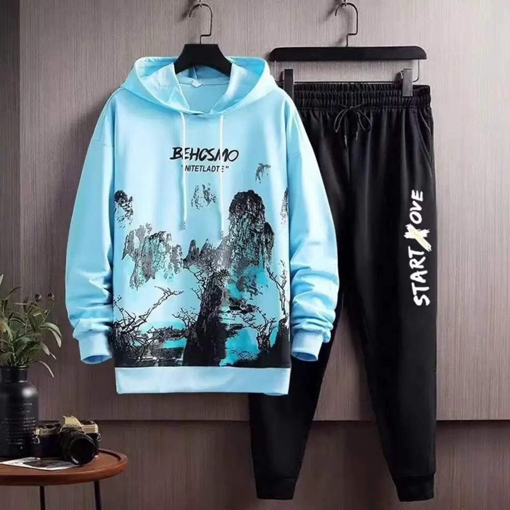 

Men Sweatshirt Pants Set Men's Landscape Print Hooded Sweatshirt Jogger Pants Set for Winter Autumn Running Elastic Waist