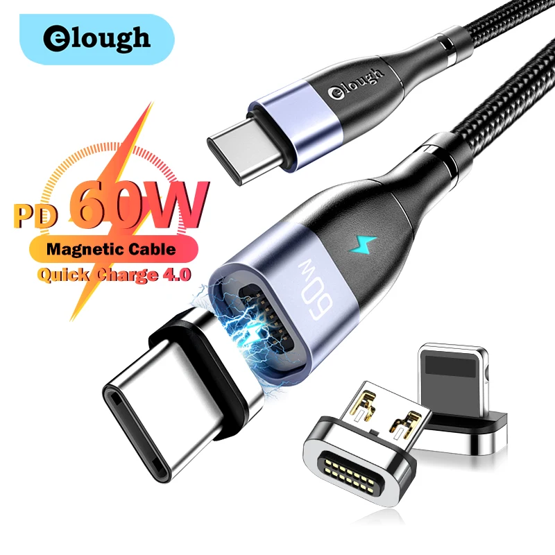 Elough Кабель 60 Вт USB C к Type PD Магнитный кабель Quick Charge 4.0 Lighting Wire Cord для iPhone X Xiaomi Realme POCO