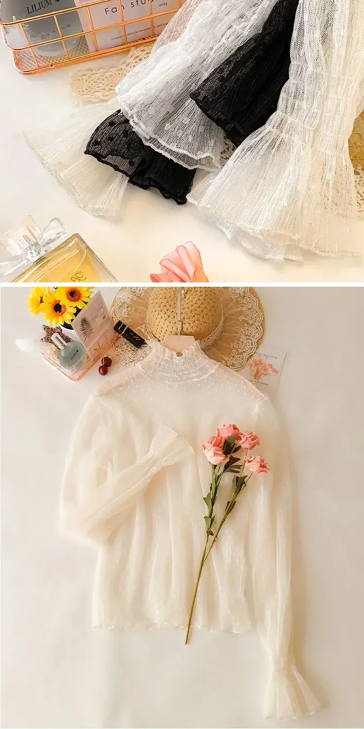 Blusa de verano con cuello alto y malla transparente para mujer, fina, ajustada, con encaje y mangas largas acampanadas