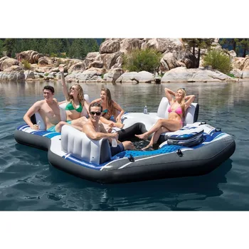 Blue Tropic Inflatable 5 Person Raft or Swimming Pool Island Water Floating Lounger Raft with Backrests, Built in Cooler 5