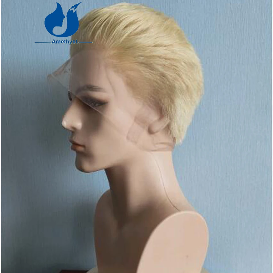 아메시스트 쉐이브드 613 블론드 스트레이트 픽시컷 가발 (남성용) 풀 레이스 인모 브라질리언 프리스타일드 숏 패션 가발
