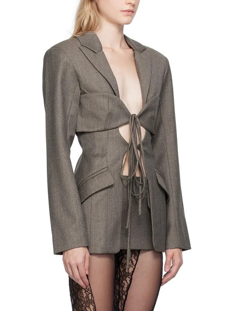 KBQ Patchwork Lace Up Hollow Out Blazers For Women Notched Collar Long Sleeve Irregular Advanced Temperament Blazer Female Style