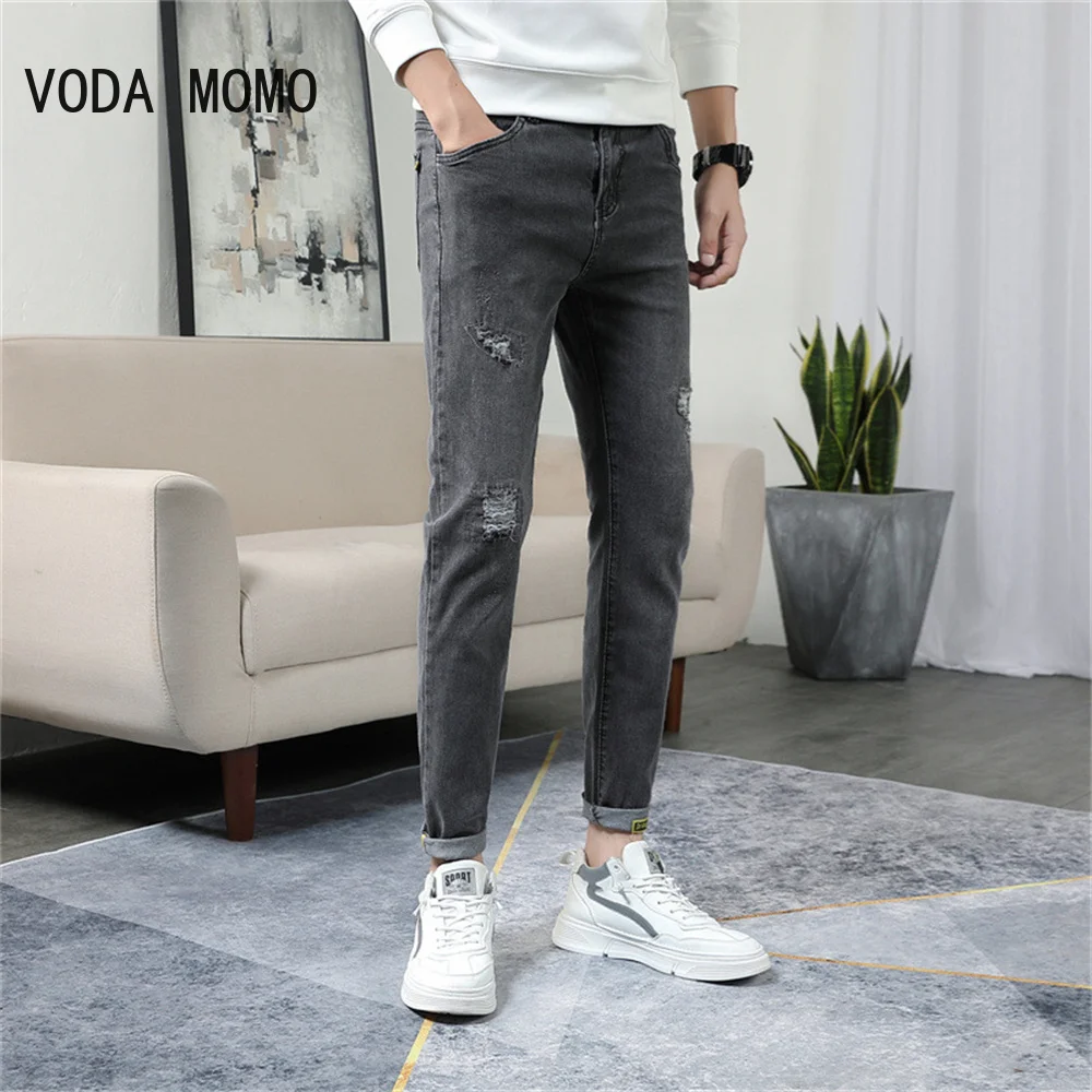 Men Jeans Knee Hole Ripped Stretch Skinny Denim Pants Solid Color Black Blue Autumn Summer Hip-Hop Style Slim Fit Trousers