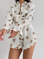 Marthaqiqi Home Clothes Women Turn-Down Collar Pajama Long Sleeve Nightwear Shorts Causal Printing Ladies Sleepwear 2 Piece Suit - Image 3